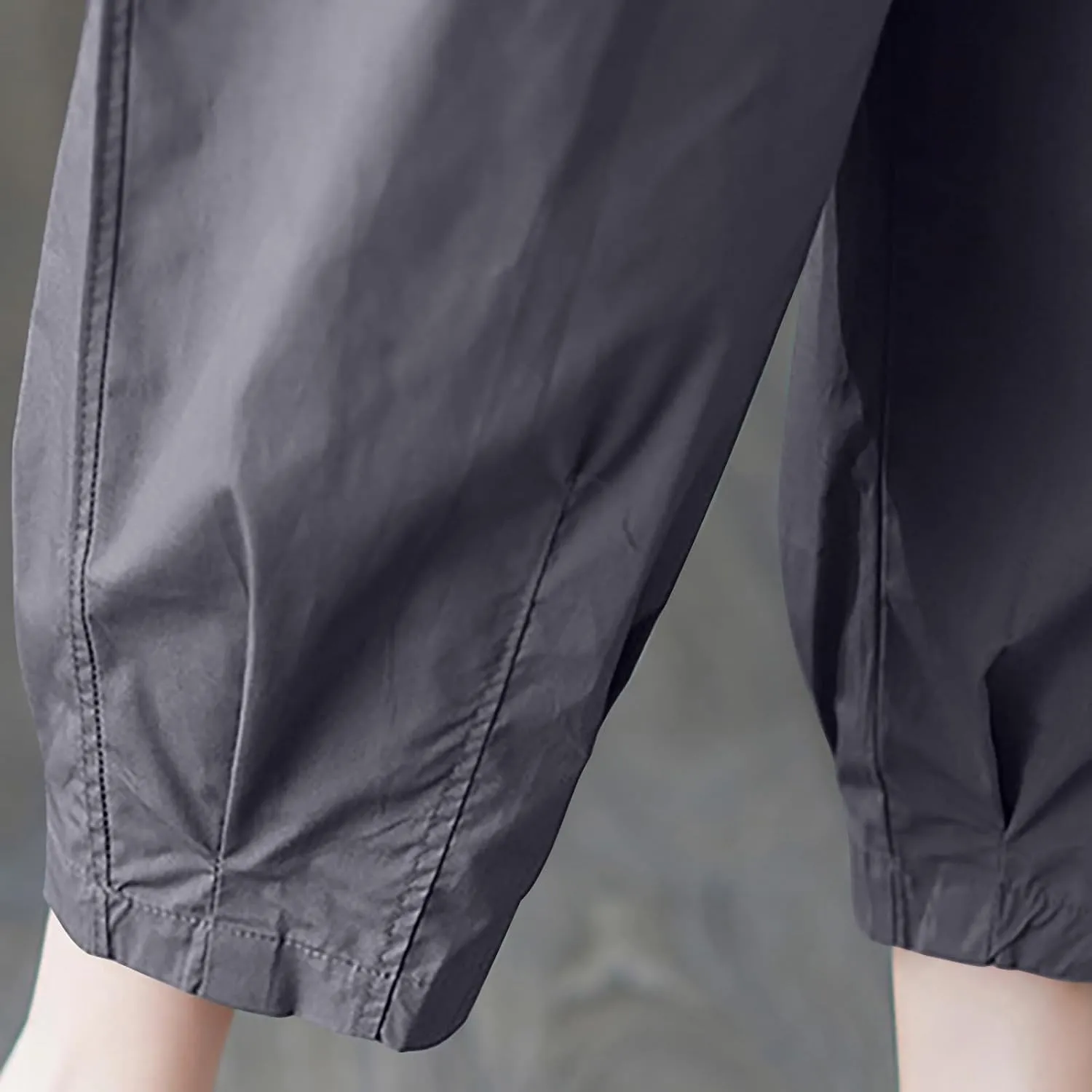 Womens Cotton Linen Capri Pants Casual Summer Elastic Wastic Loose Palazzo Pants Wide Leg Harem Trouser with Pockets