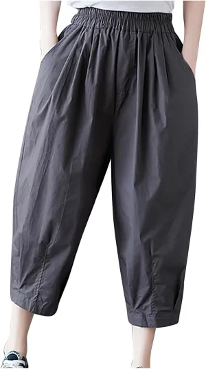 Womens Cotton Linen Capri Pants Casual Summer Elastic Wastic Loose Palazzo Pants Wide Leg Harem Trouser with Pockets