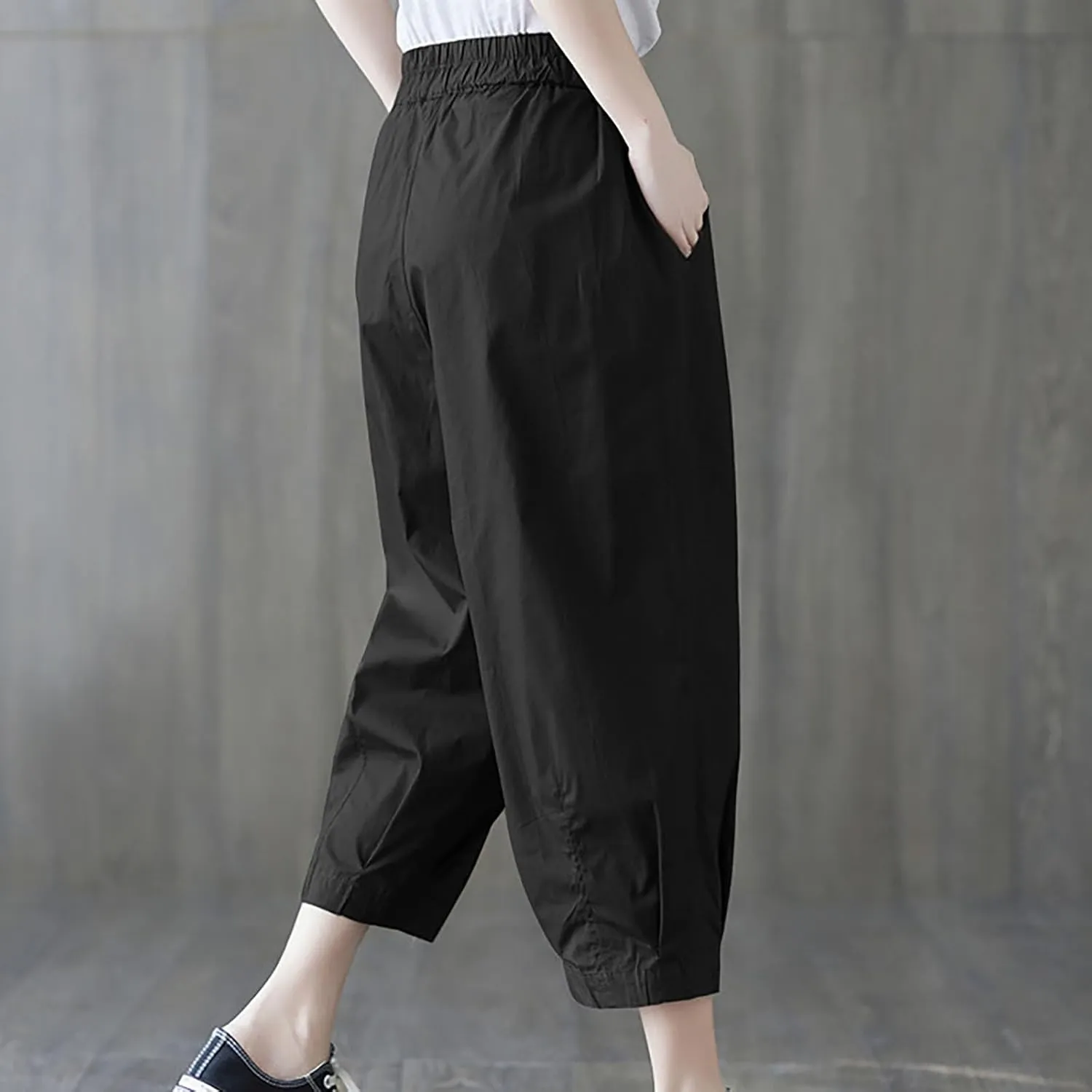 Womens Cotton Linen Capri Pants Casual Summer Elastic Wastic Loose Palazzo Pants Wide Leg Harem Trouser with Pockets