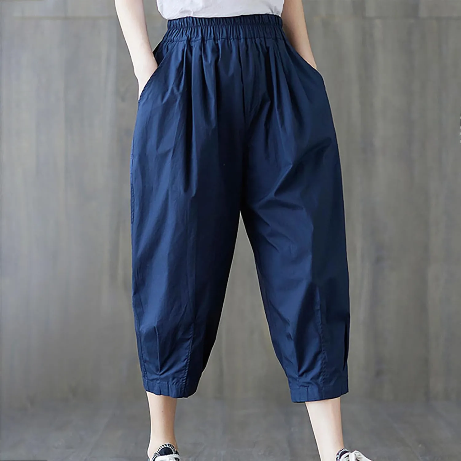 Womens Cotton Linen Capri Pants Casual Summer Elastic Wastic Loose Palazzo Pants Wide Leg Harem Trouser with Pockets