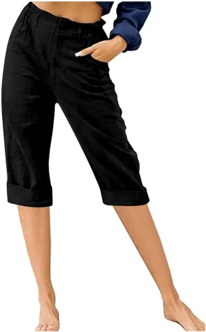 Women's Cotton Linen Capris Pants Casual Summer Elastic Waist Capri Pant Comfy Lounge Cropped Trousers Beach Clothes