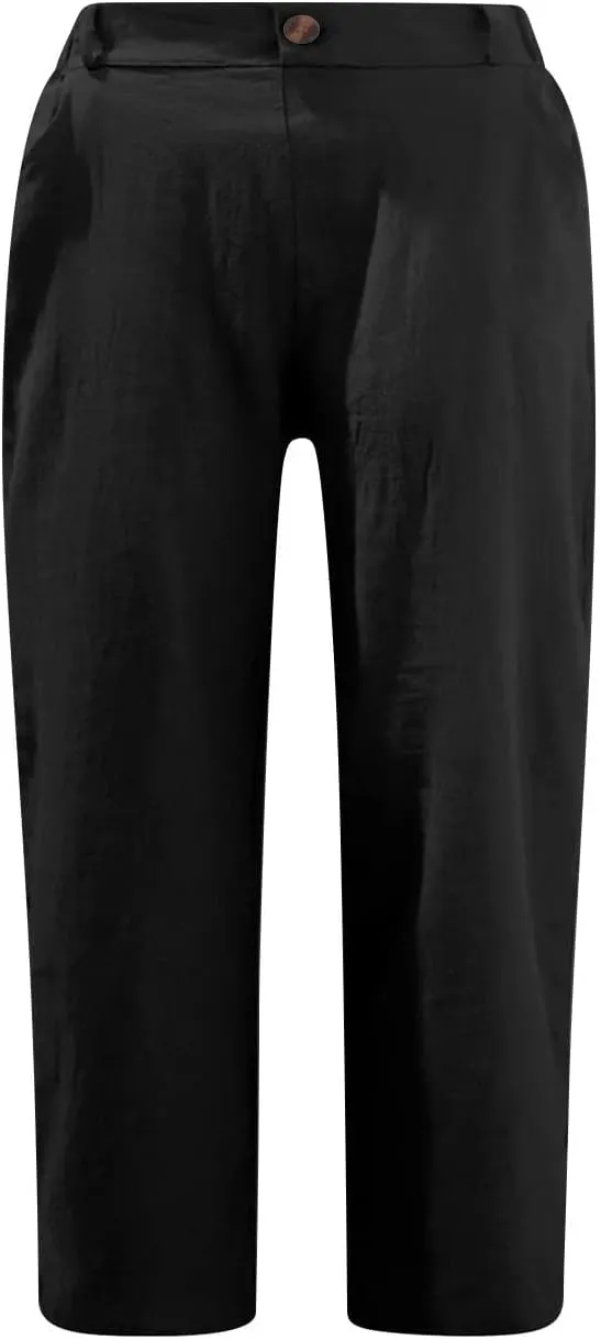 Women's Cotton Linen Capris Pants Casual Summer Elastic Waist Capri Pant Comfy Lounge Cropped Trousers Beach Clothes