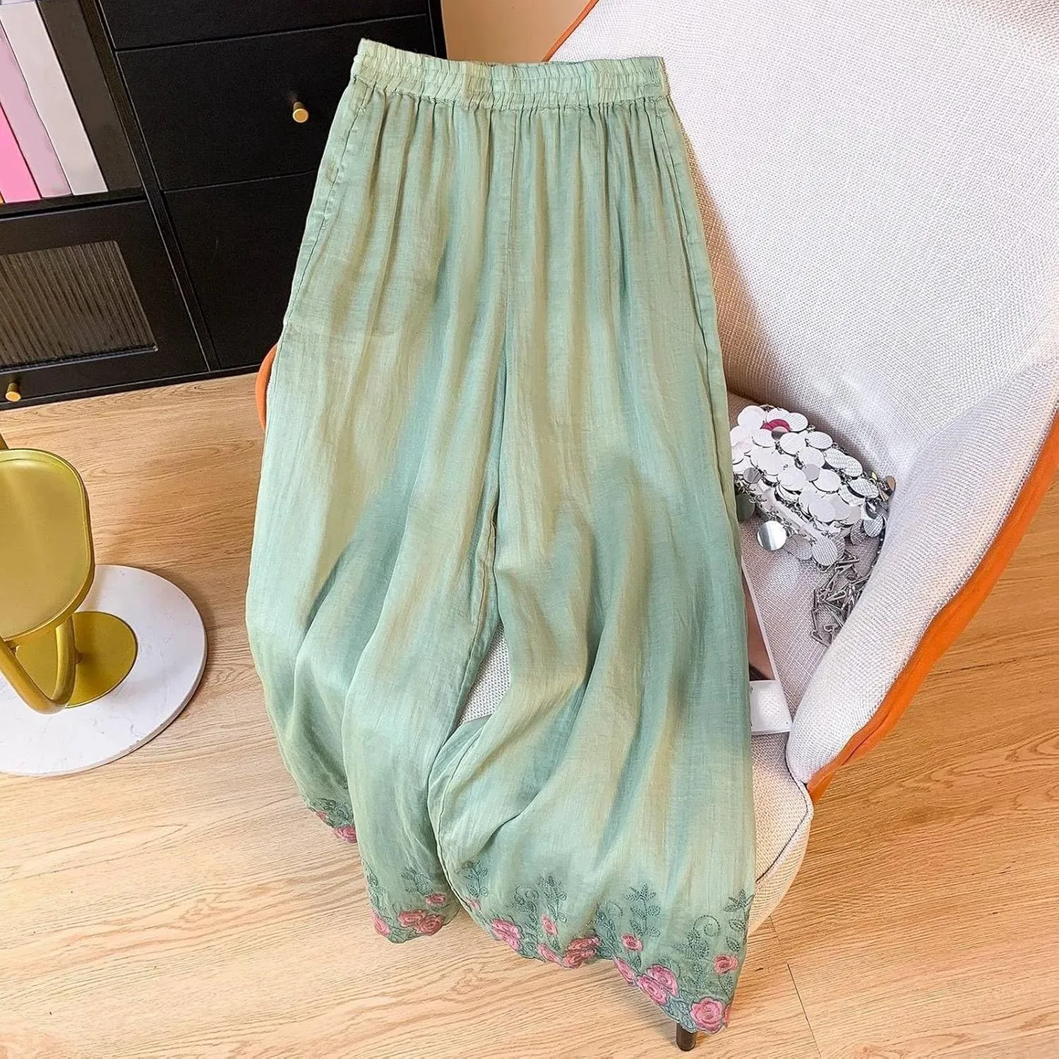 Women's Cotton Linen Cropped Wide Leg Pants Elastic Waist Casual Palazzo Trousers Drawstring Baggy Flowy Beach Culottes
