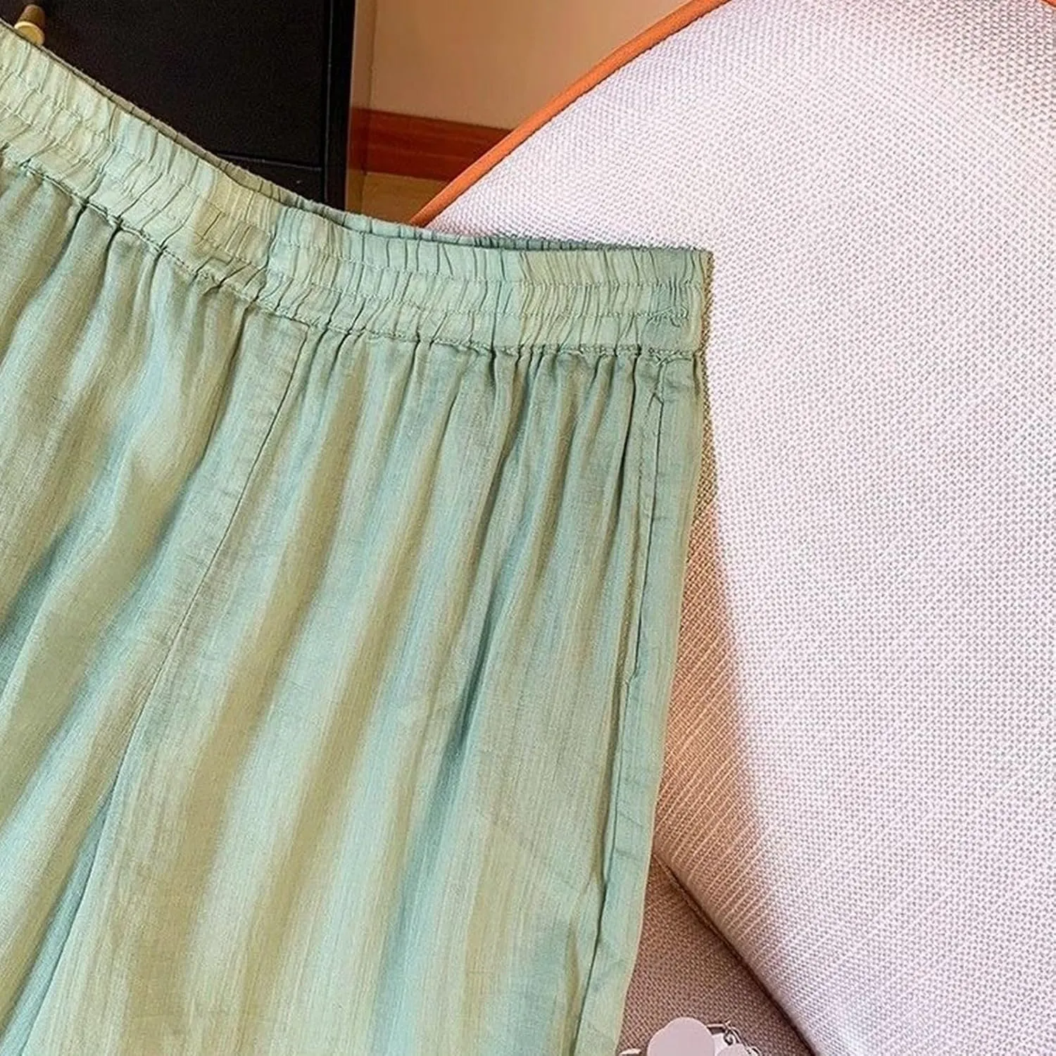 Women's Cotton Linen Cropped Wide Leg Pants Elastic Waist Casual Palazzo Trousers Drawstring Baggy Flowy Beach Culottes
