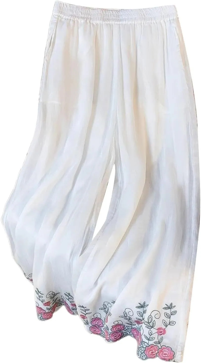 Women's Cotton Linen Cropped Wide Leg Pants Elastic Waist Casual Palazzo Trousers Drawstring Baggy Flowy Beach Culottes