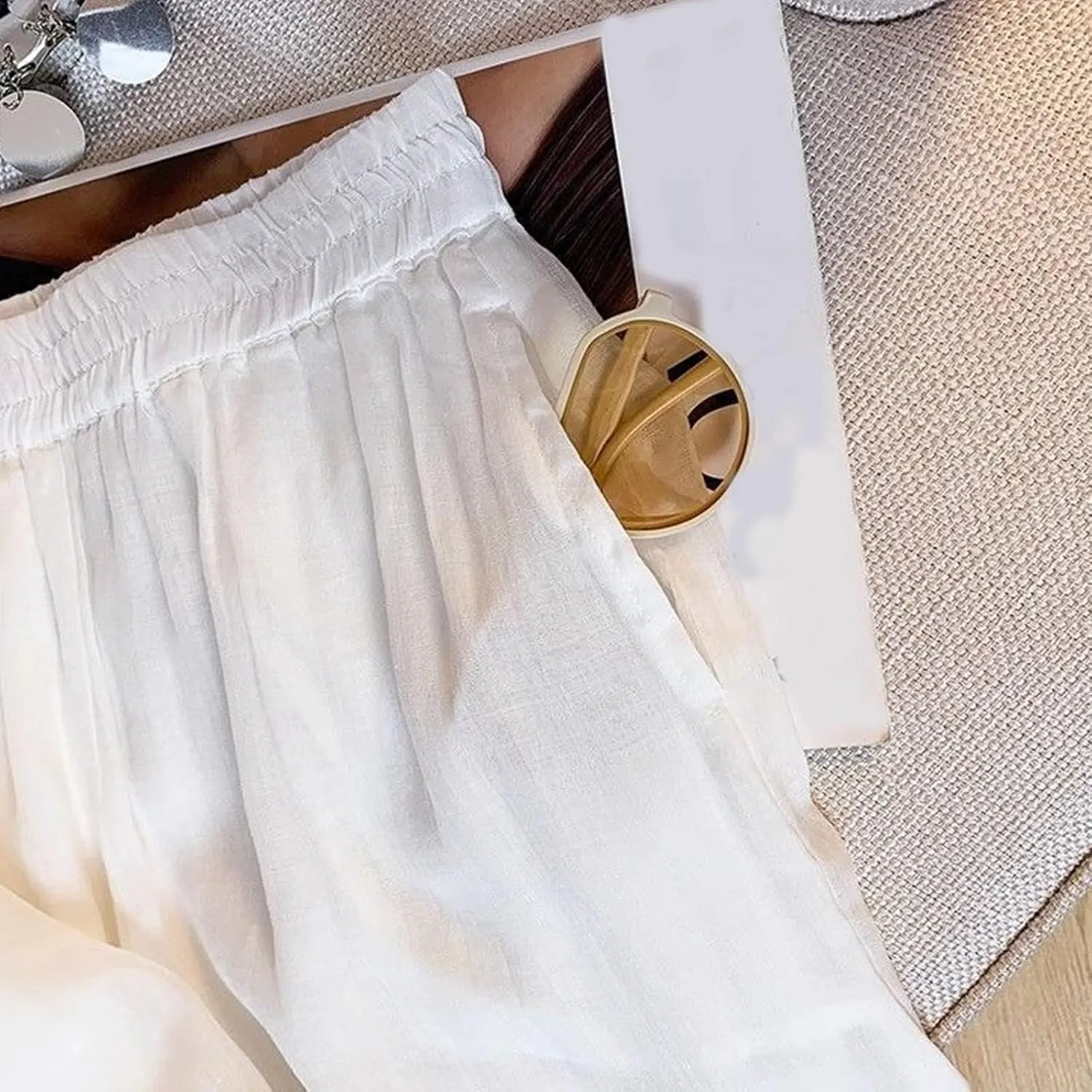 Women's Cotton Linen Cropped Wide Leg Pants Elastic Waist Casual Palazzo Trousers Drawstring Baggy Flowy Beach Culottes