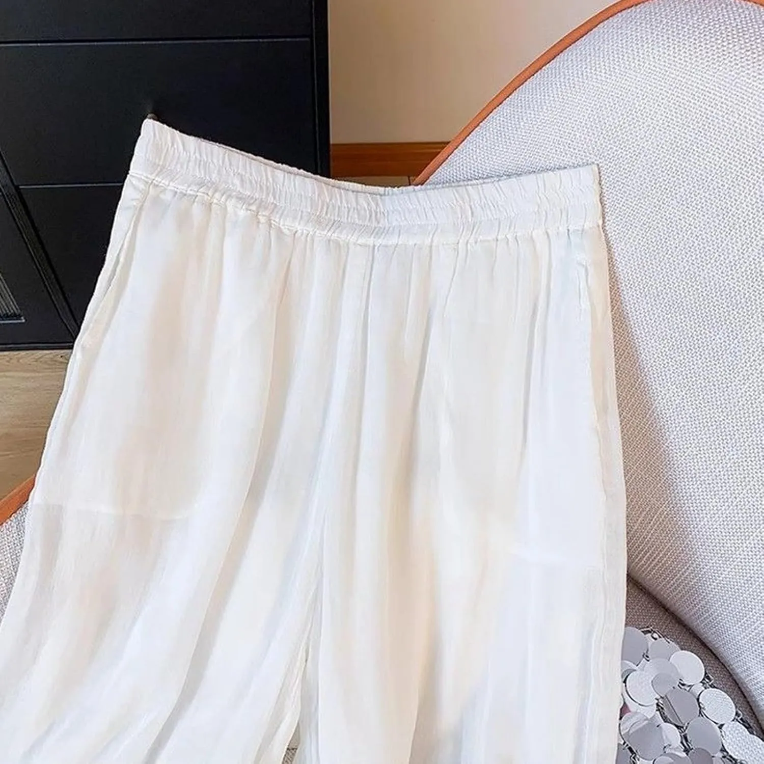 Women's Cotton Linen Cropped Wide Leg Pants Elastic Waist Casual Palazzo Trousers Drawstring Baggy Flowy Beach Culottes