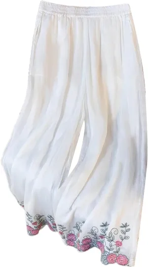 Women's Cotton Linen Cropped Wide Leg Pants Elastic Waist Casual Palazzo Trousers Drawstring Baggy Flowy Beach Culottes