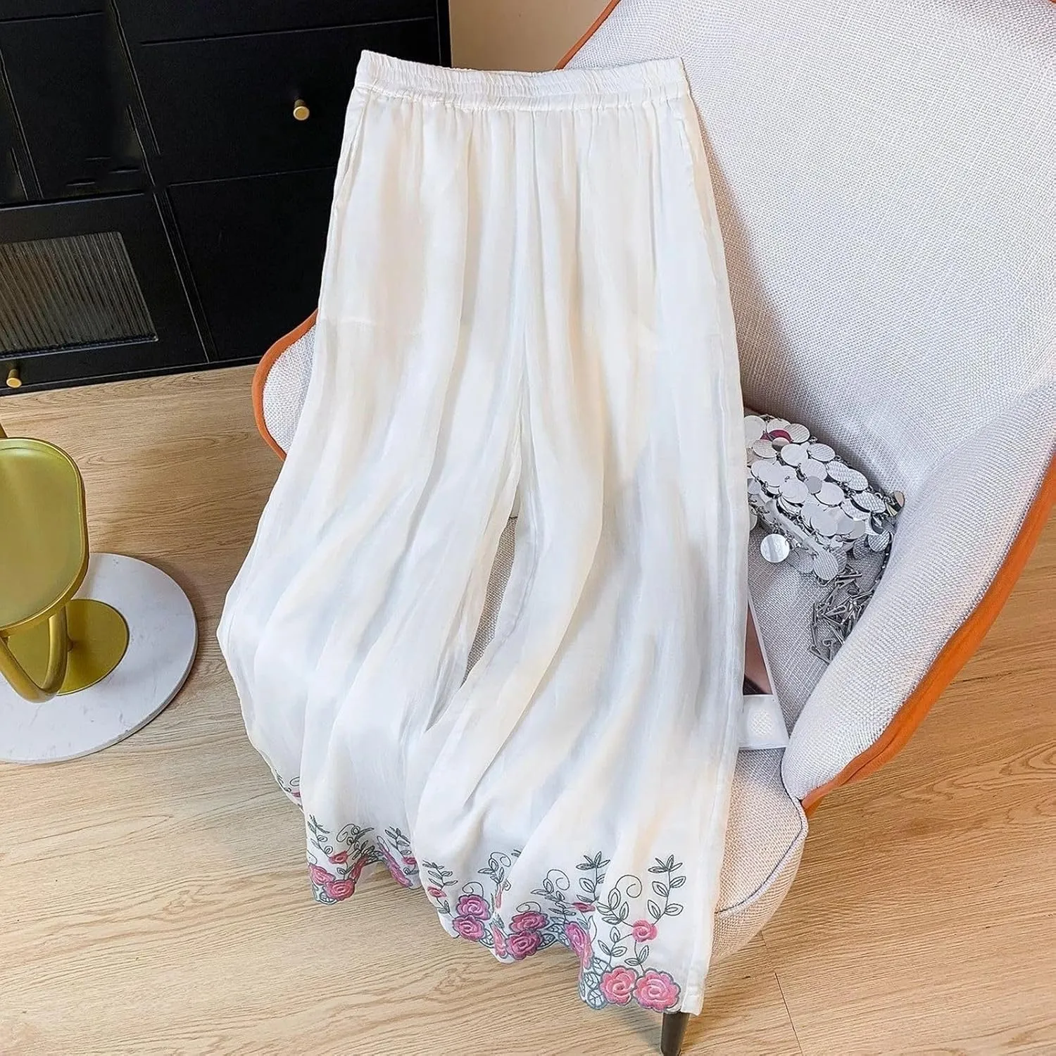 Women's Cotton Linen Cropped Wide Leg Pants Elastic Waist Casual Palazzo Trousers Drawstring Baggy Flowy Beach Culottes