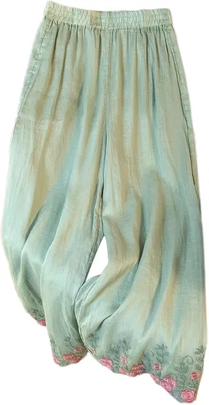 Women's Cotton Linen Cropped Wide Leg Pants Elastic Waist Casual Palazzo Trousers Drawstring Baggy Flowy Beach Culottes