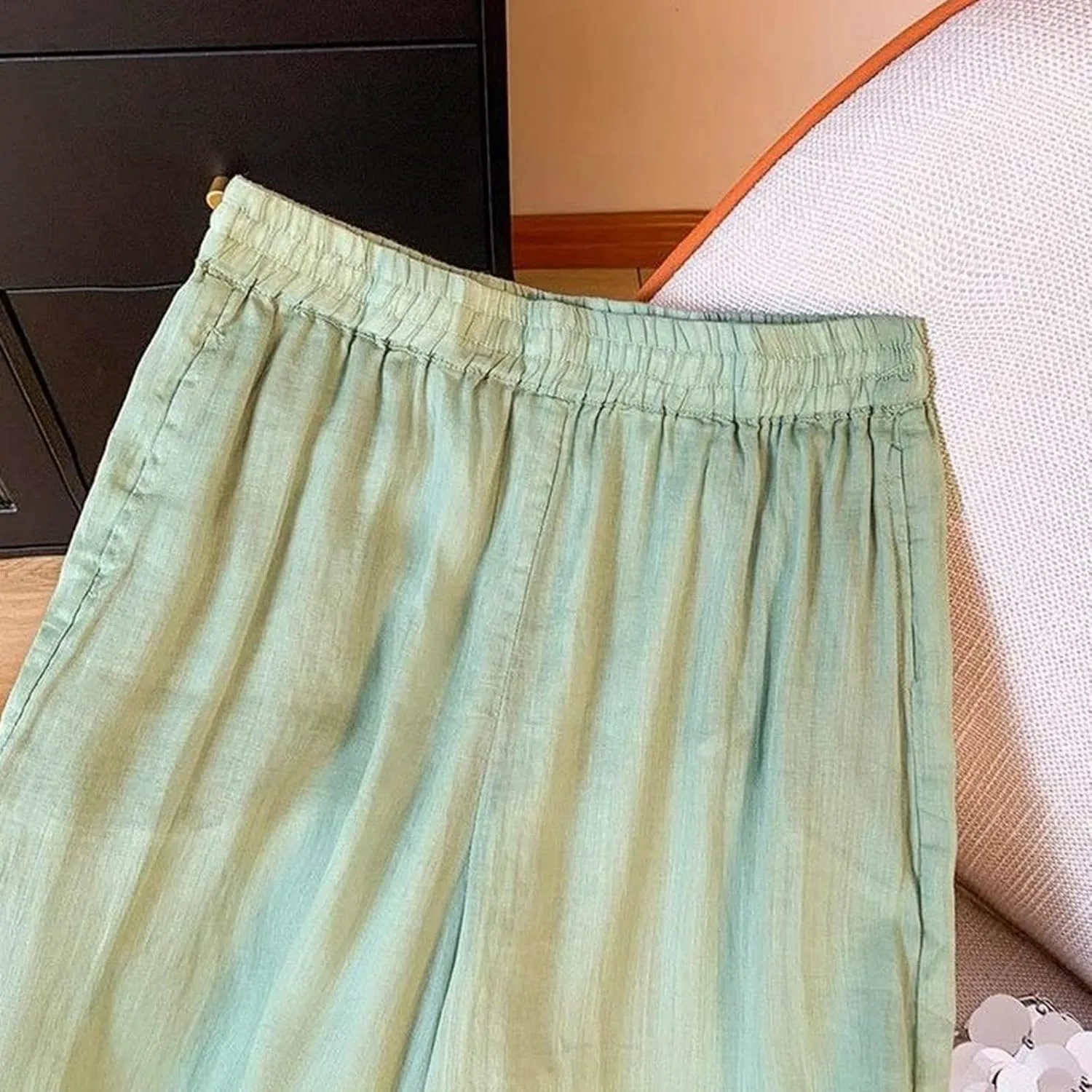 Women's Cotton Linen Cropped Wide Leg Pants Elastic Waist Casual Palazzo Trousers Drawstring Baggy Flowy Beach Culottes