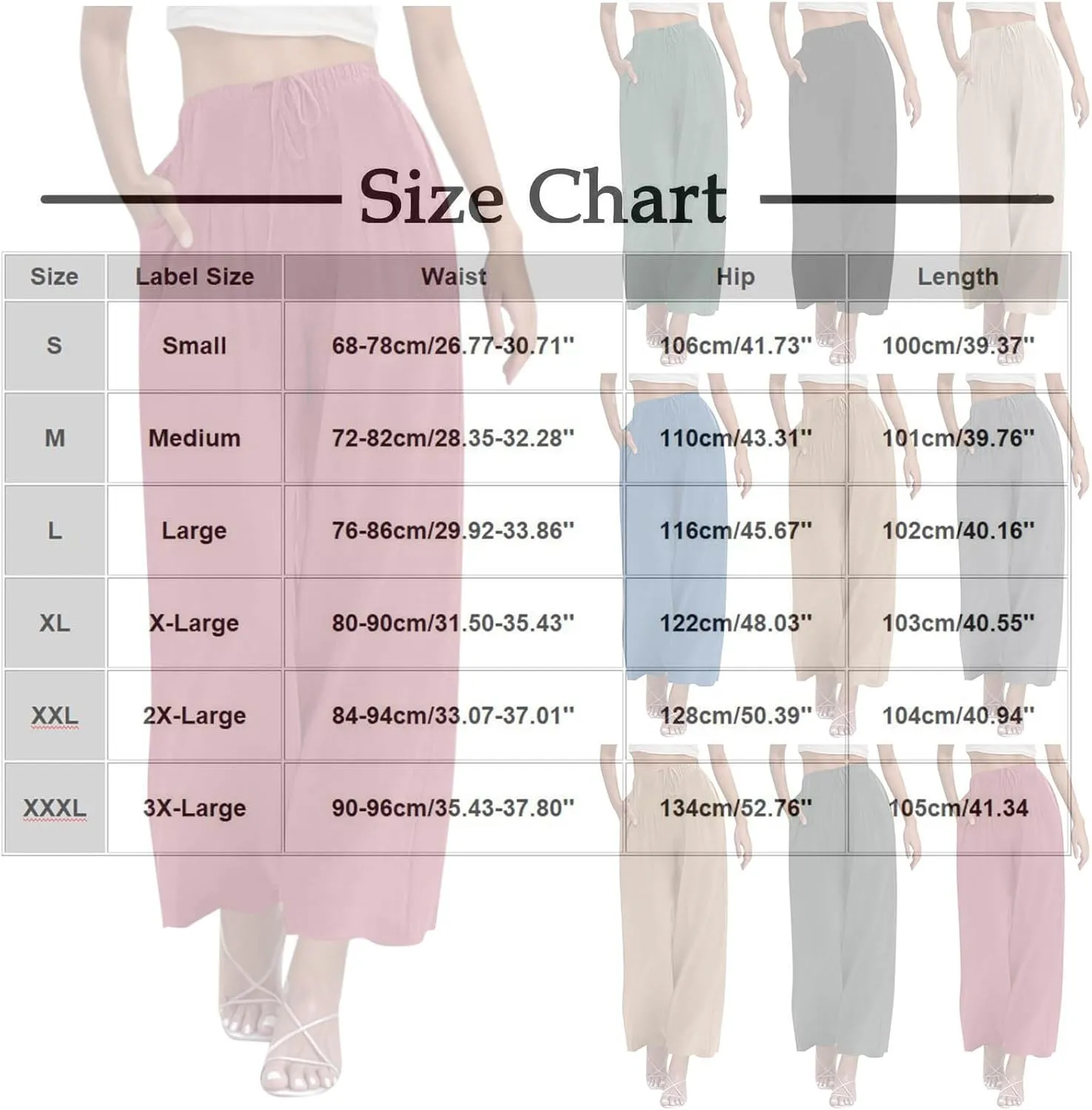 Womens Cotton Linen Palazzo Pants Drawstring Elastic High Waist Casual Wide Leg Trousers Summer Bech Slacks