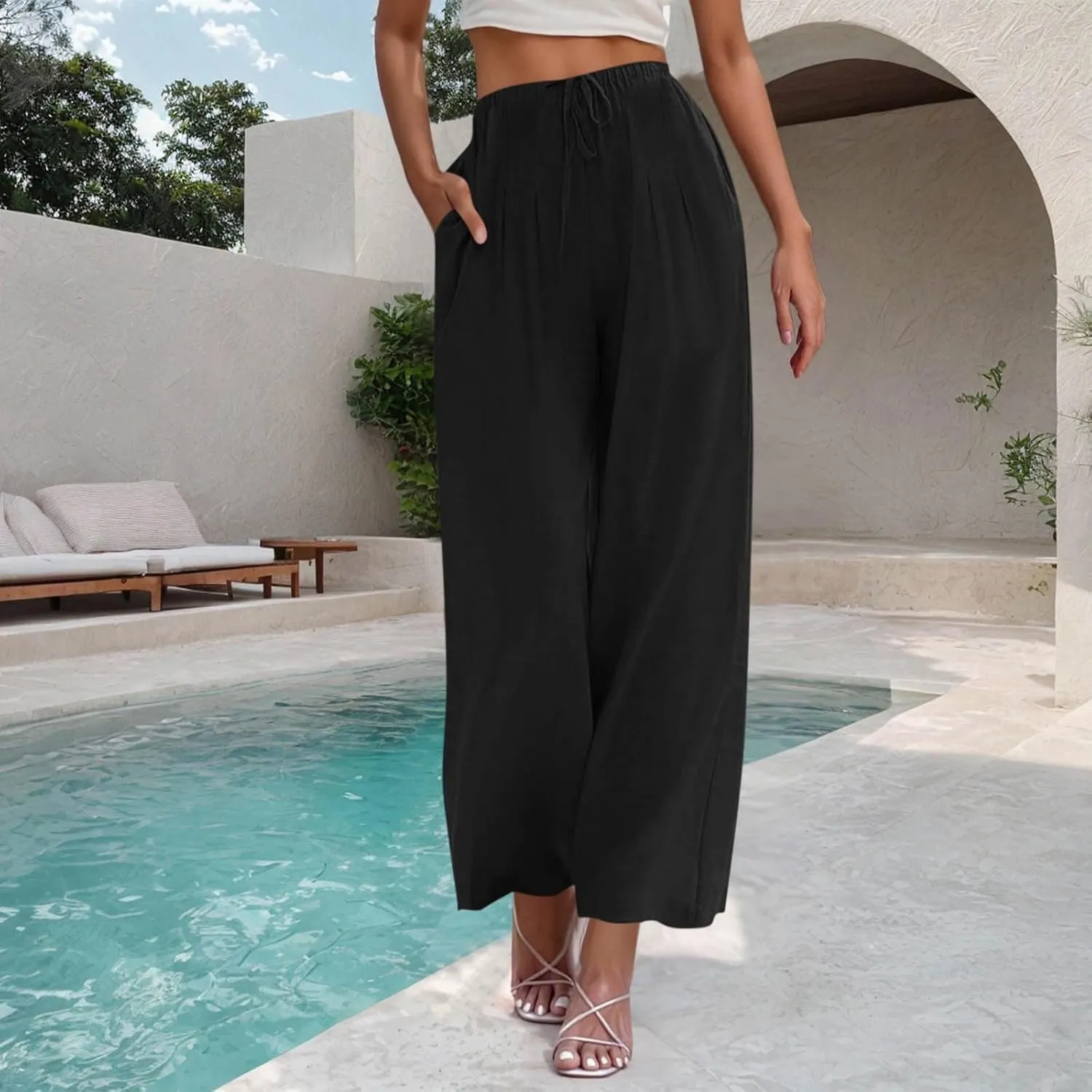 Womens Cotton Linen Palazzo Pants Drawstring Elastic High Waist Casual Wide Leg Trousers Summer Bech Slacks
