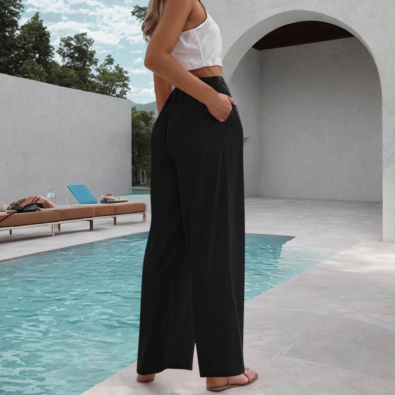 Womens Cotton Linen Palazzo Pants Drawstring Elastic High Waist Casual Wide Leg Trousers Summer Bech Slacks