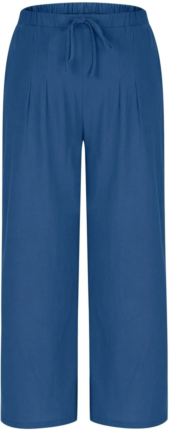 Womens Cotton Linen Palazzo Pants Drawstring Elastic High Waist Casual Wide Leg Trousers Summer Bech Slacks