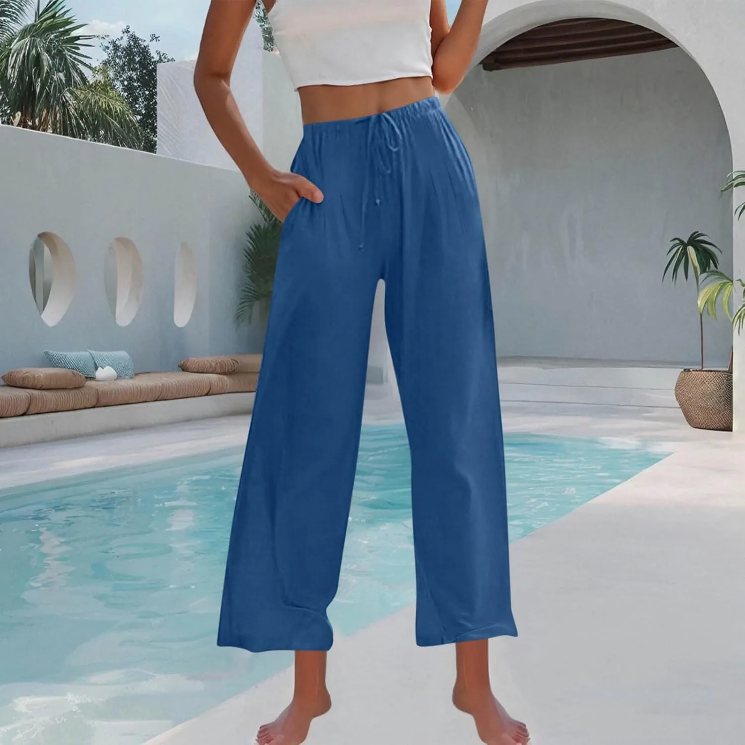 Womens Cotton Linen Palazzo Pants Drawstring Elastic High Waist Casual Wide Leg Trousers Summer Bech Slacks