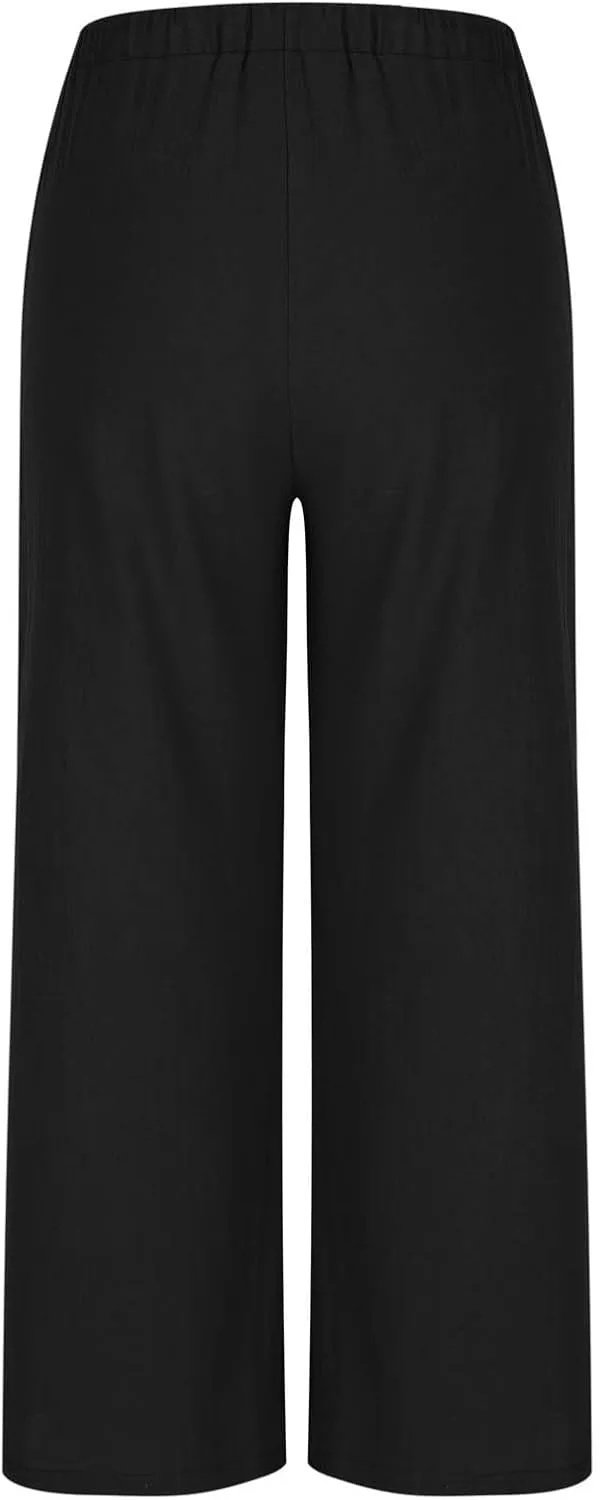 Womens Cotton Linen Palazzo Pants Drawstring Elastic High Waist Casual Wide Leg Trousers Summer Bech Slacks