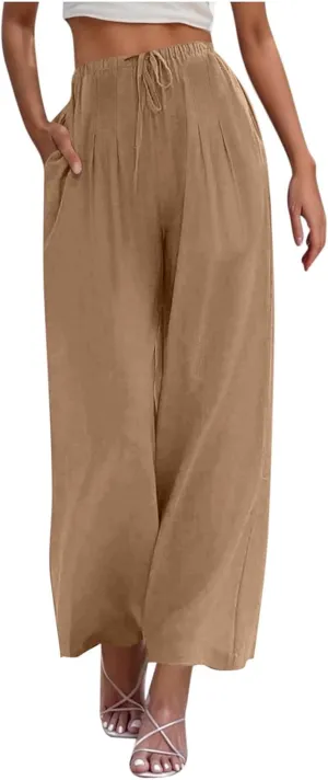 Womens Cotton Linen Palazzo Pants Drawstring Elastic High Waist Casual Wide Leg Trousers Summer Bech Slacks
