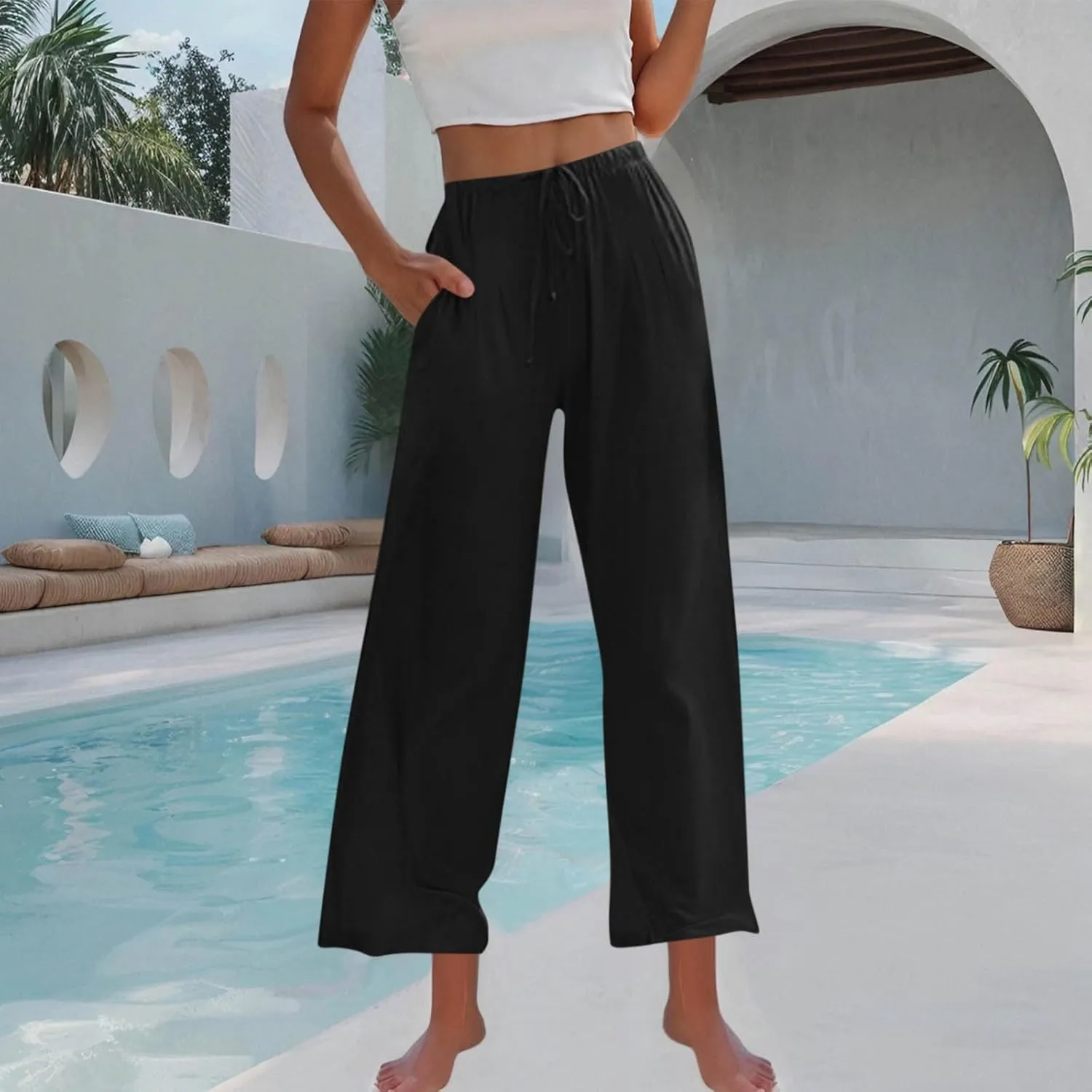 Womens Cotton Linen Palazzo Pants Drawstring Elastic High Waist Casual Wide Leg Trousers Summer Bech Slacks