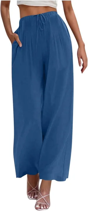 Womens Cotton Linen Palazzo Pants Drawstring Elastic High Waist Casual Wide Leg Trousers Summer Bech Slacks