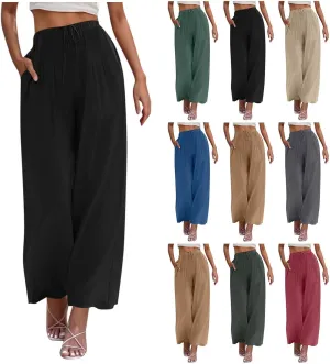 Womens Cotton Linen Palazzo Pants Drawstring Elastic High Waist Casual Wide Leg Trousers Summer Bech Slacks