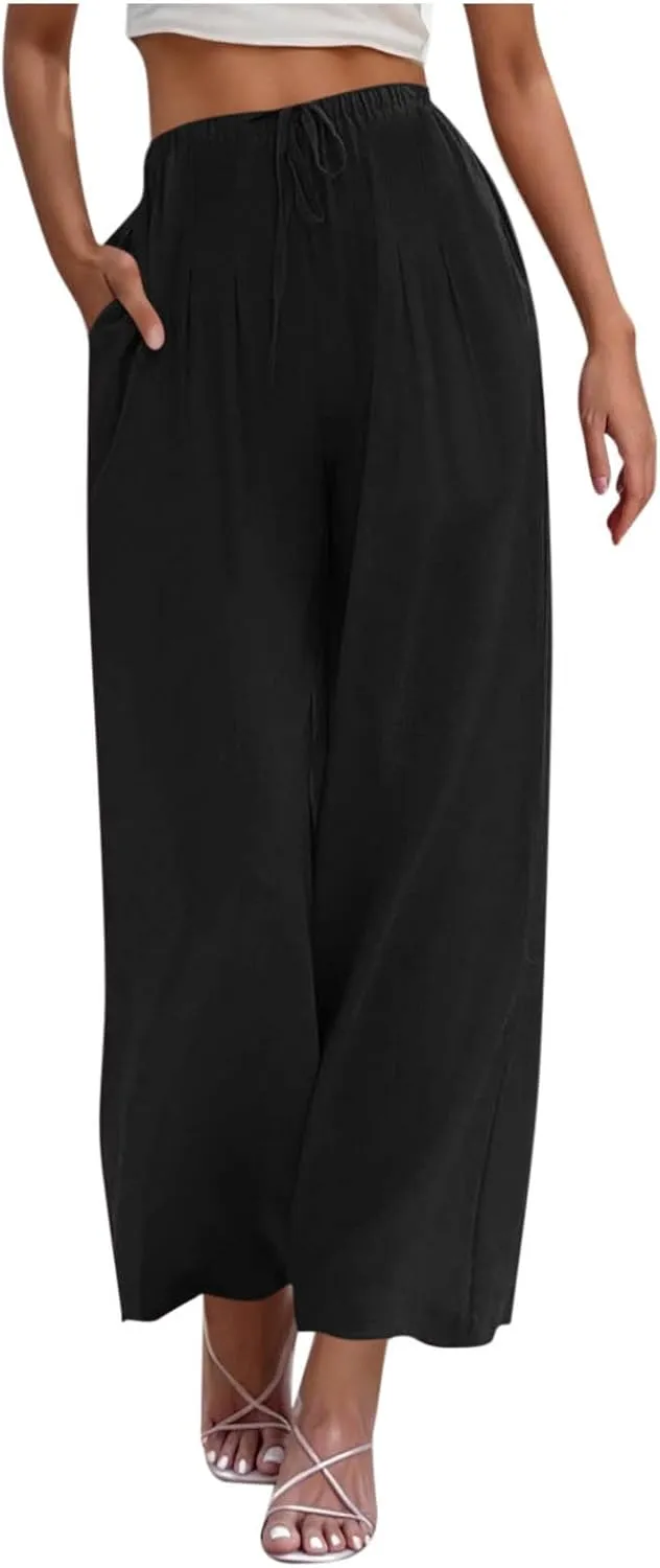 Womens Cotton Linen Palazzo Pants Drawstring Elastic High Waist Casual Wide Leg Trousers Summer Bech Slacks