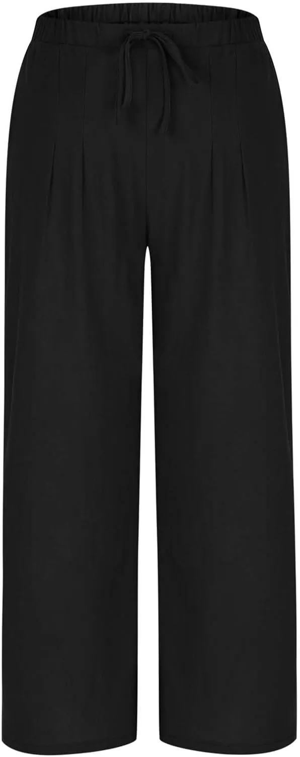 Womens Cotton Linen Palazzo Pants Drawstring Elastic High Waist Casual Wide Leg Trousers Summer Bech Slacks