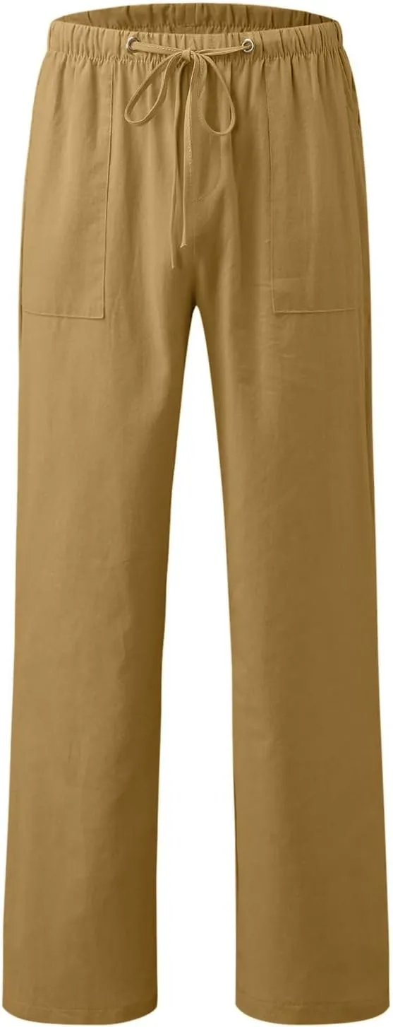 Womens Cotton Linen Pants High Waisted Wide Leg Casual Loose Summer Drawstring Lounge Pants Elastic Waist Lounge Pant