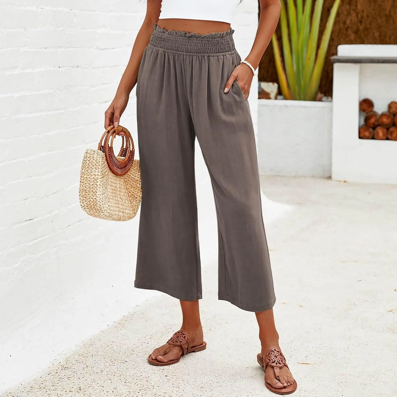 Women's Cotton Linen Pants Summer Solid Color Elastic Waist Capris with Pocket Outdoor Sports Palazzo Trousers 2025
