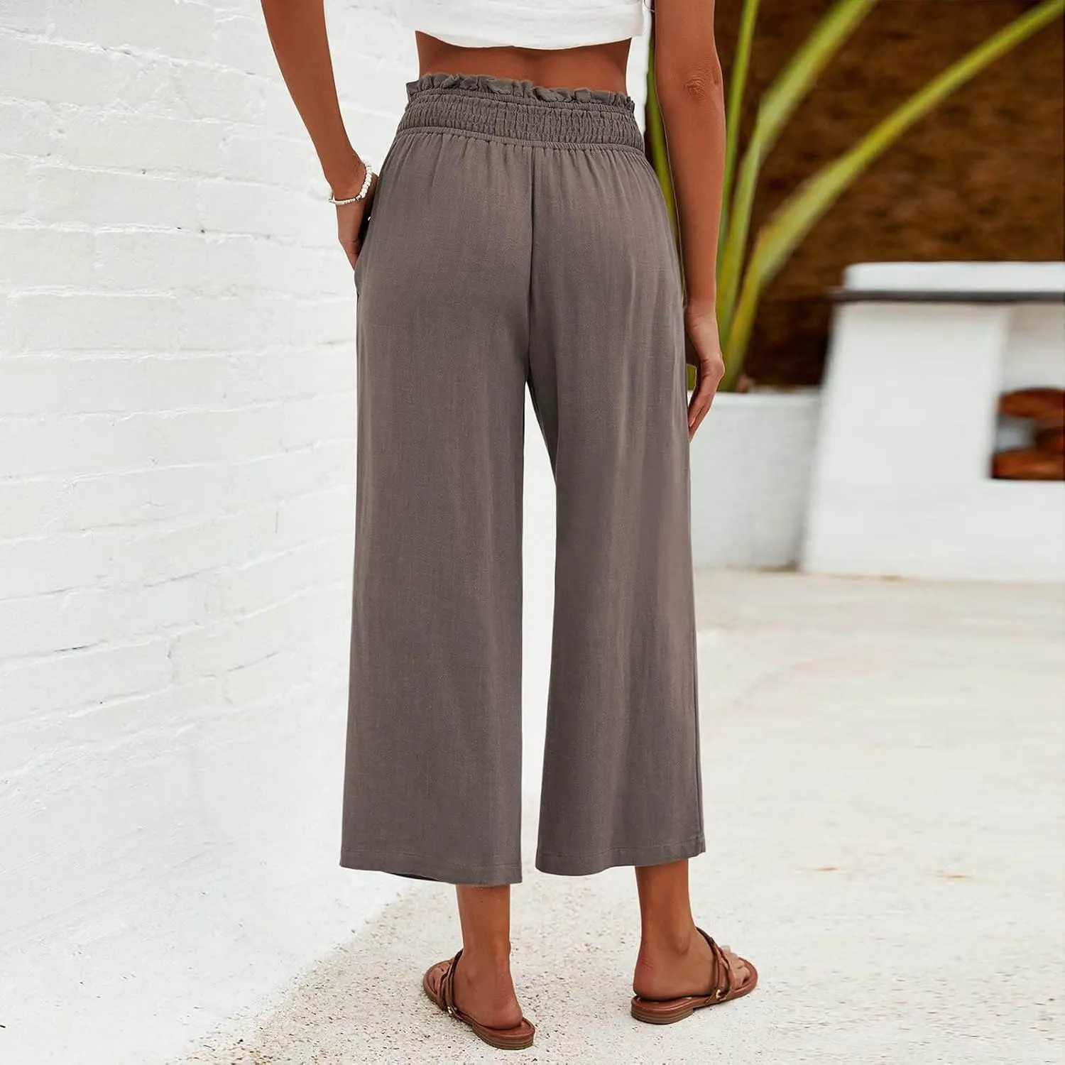 Women's Cotton Linen Pants Summer Solid Color Elastic Waist Capris with Pocket Outdoor Sports Palazzo Trousers 2025