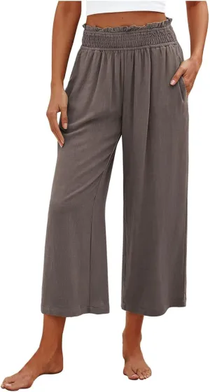 Women's Cotton Linen Pants Summer Solid Color Elastic Waist Capris with Pocket Outdoor Sports Palazzo Trousers 2025