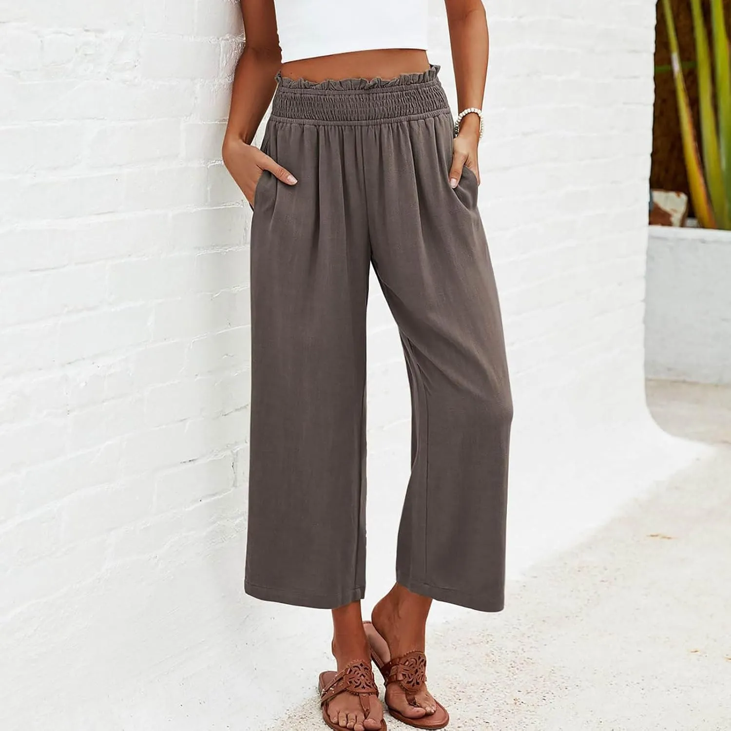 Women's Cotton Linen Pants Summer Solid Color Elastic Waist Capris with Pocket Outdoor Sports Palazzo Trousers 2025