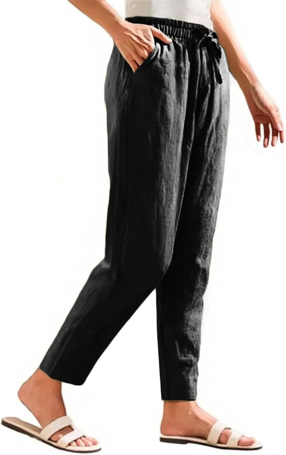 Women's Cotton Linen Straight Leg Pants Summer Wide Leg Business High Waisted Long Beach Trousers with Pockets