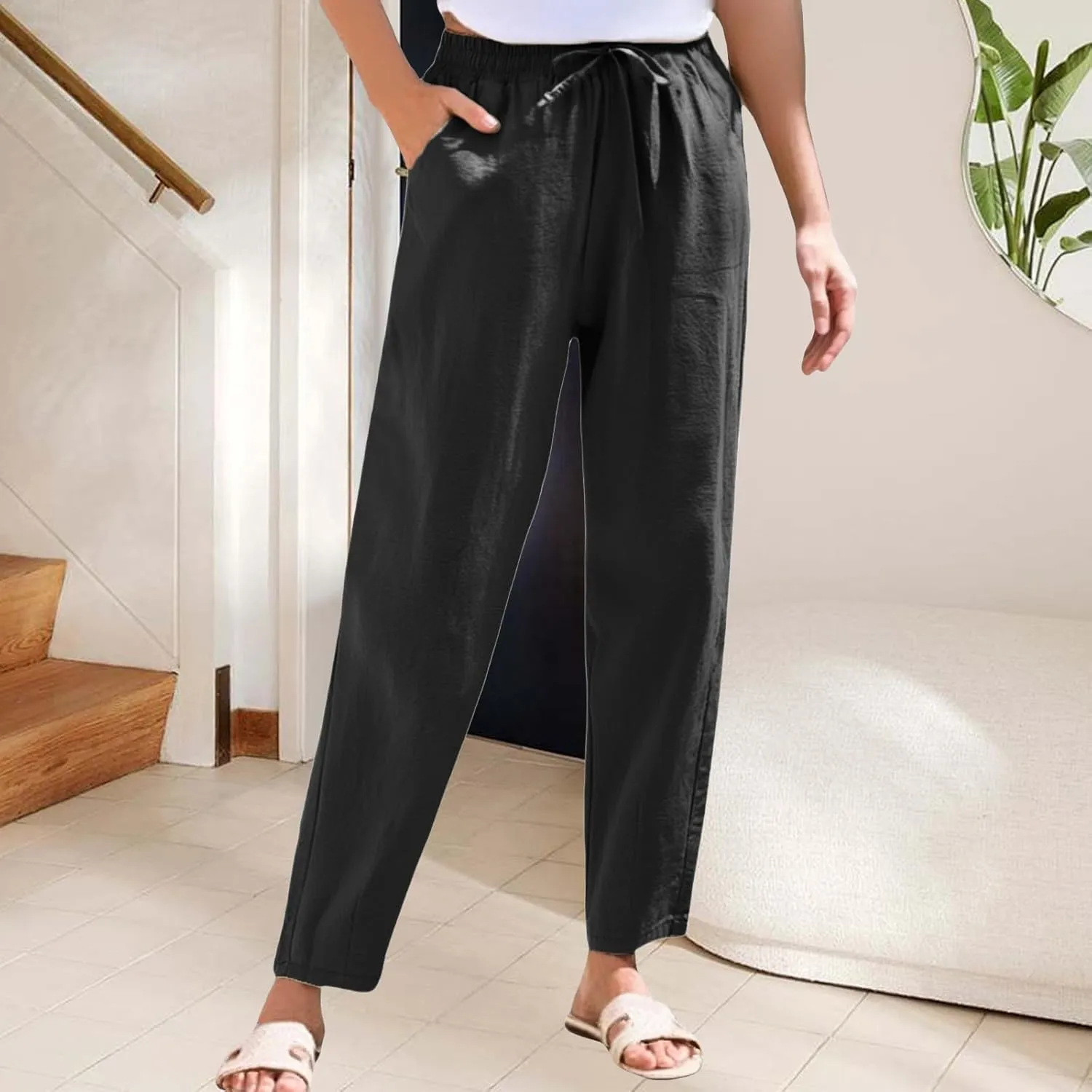 Women's Cotton Linen Straight Leg Pants Summer Wide Leg Business High Waisted Long Beach Trousers with Pockets