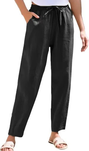 Women's Cotton Linen Straight Leg Pants Summer Wide Leg Business High Waisted Long Beach Trousers with Pockets