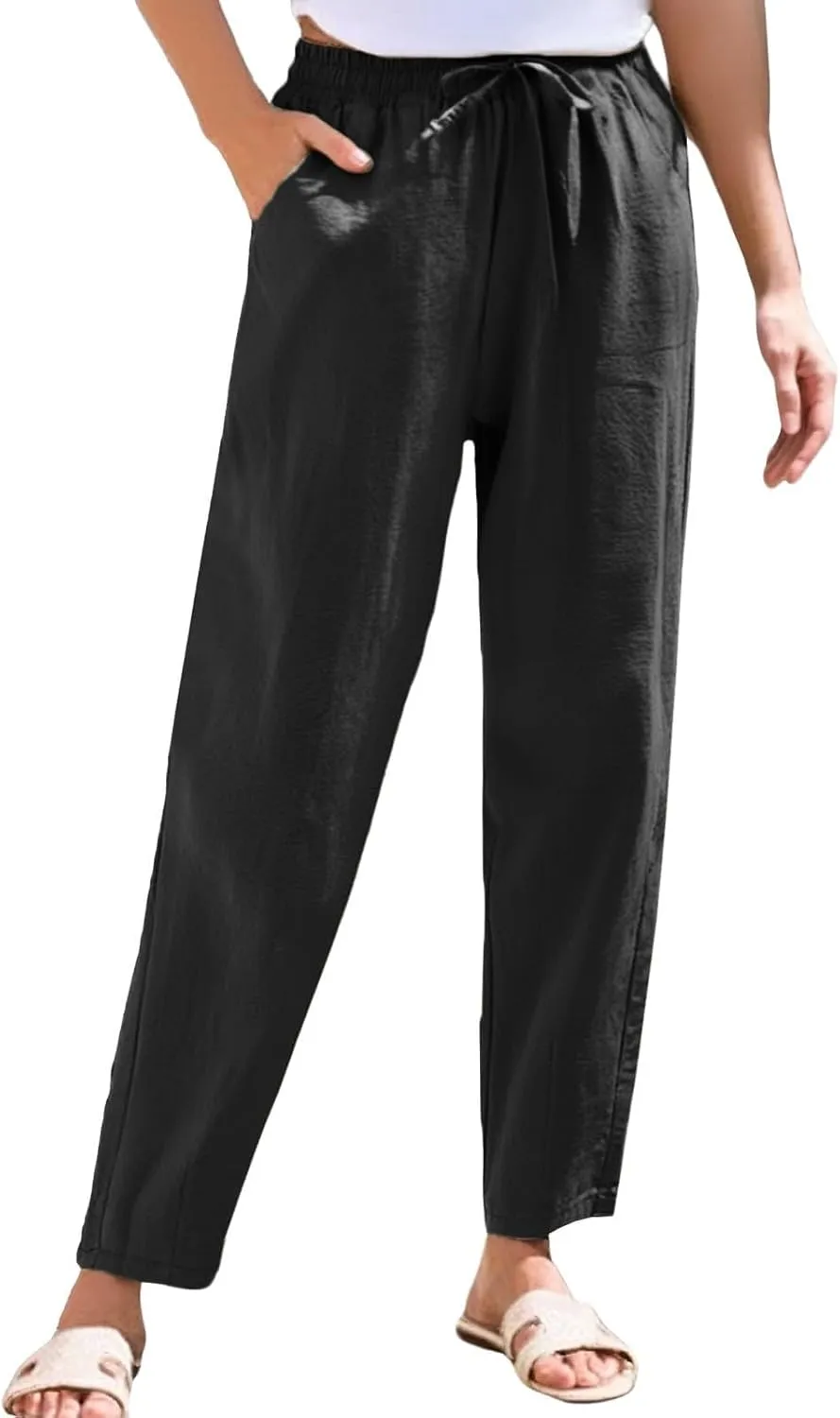 Women's Cotton Linen Straight Leg Pants Summer Wide Leg Business High Waisted Long Beach Trousers with Pockets