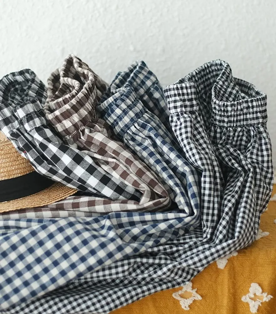 Women's Cotton Linen Wide Leg Culottes Pants Elastic Waist Plaid Gingham Capri Palazzo Pants