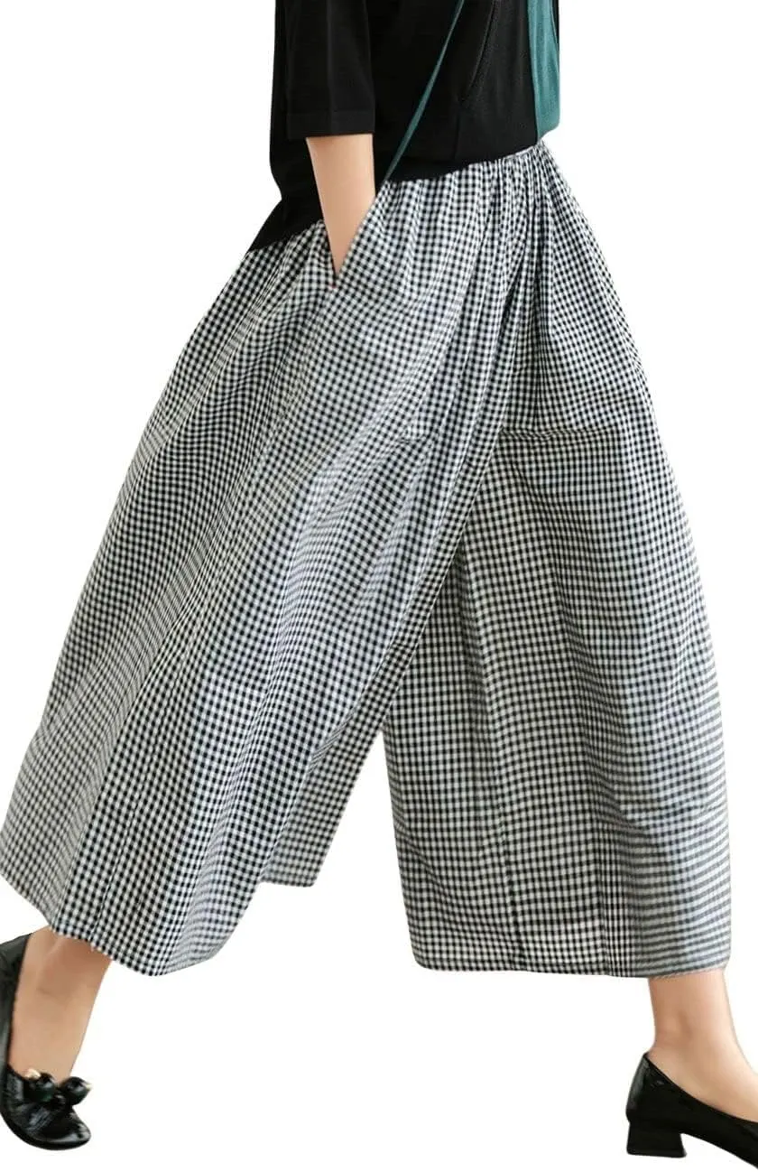 Women's Cotton Linen Wide Leg Culottes Pants Elastic Waist Plaid Gingham Capri Palazzo Pants