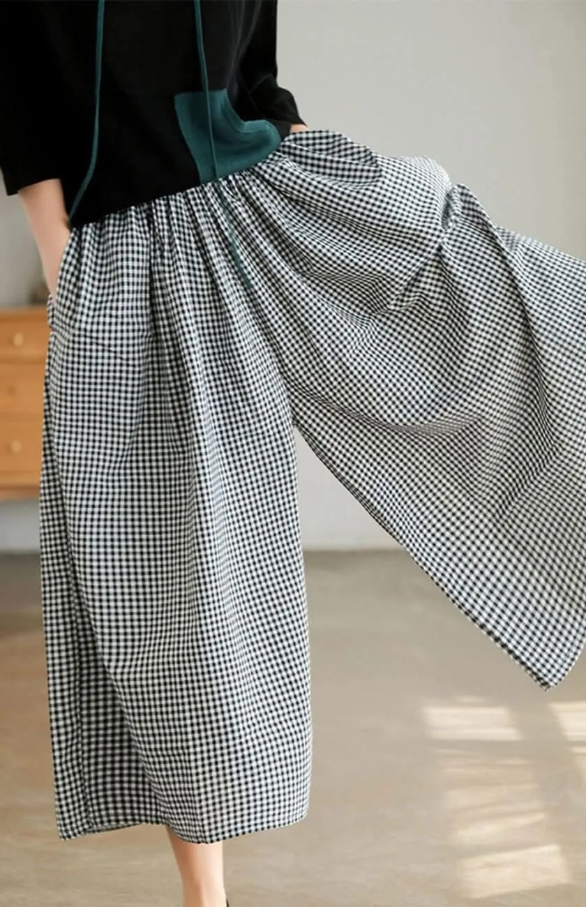 Women's Cotton Linen Wide Leg Culottes Pants Elastic Waist Plaid Gingham Capri Palazzo Pants