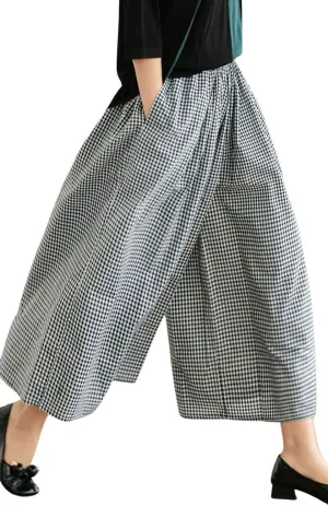 Women's Cotton Linen Wide Leg Culottes Pants Elastic Waist Plaid Gingham Capri Palazzo Pants