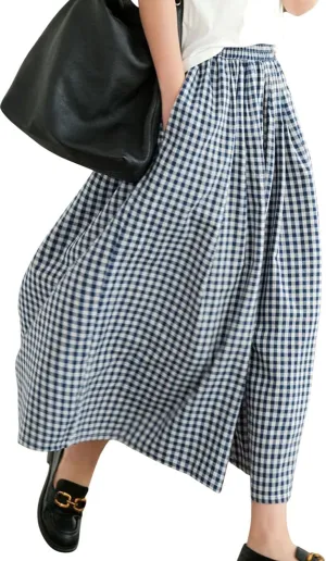 Women's Cotton Linen Wide Leg Culottes Pants Elastic Waist Plaid Gingham Capri Palazzo Pants