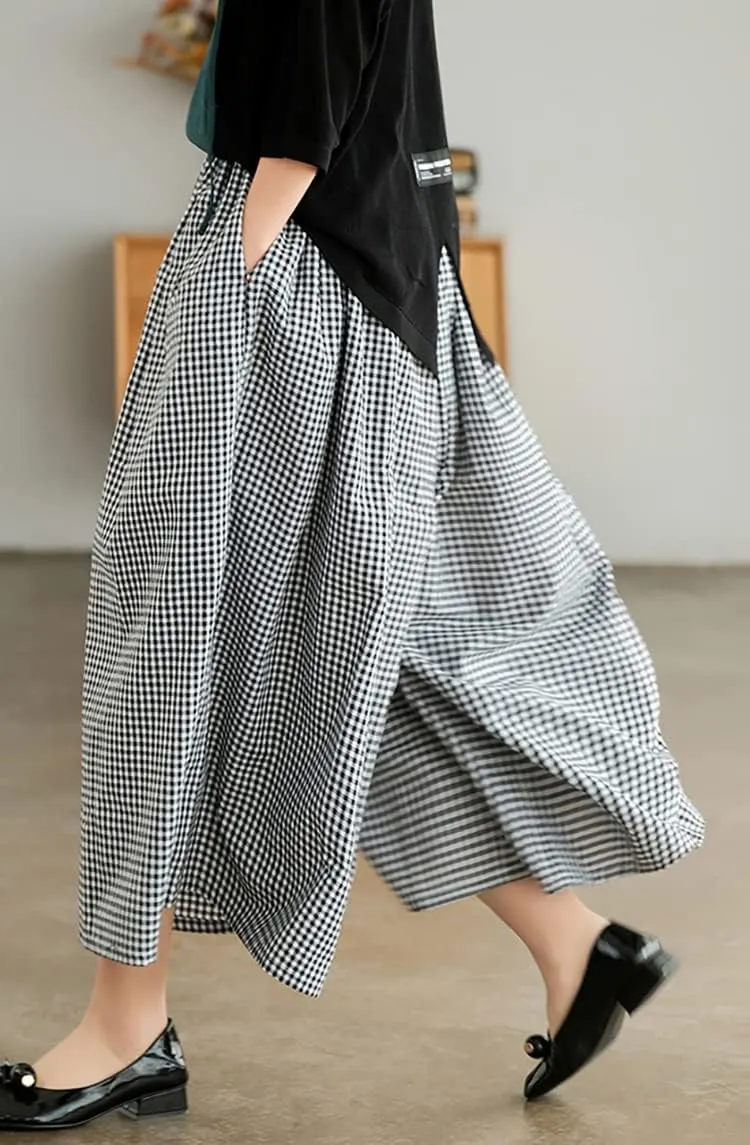 Women's Cotton Linen Wide Leg Culottes Pants Elastic Waist Plaid Gingham Capri Palazzo Pants