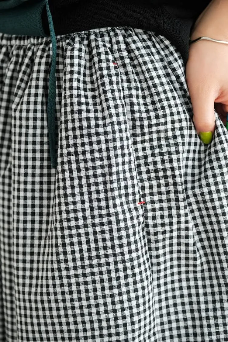 Women's Cotton Linen Wide Leg Culottes Pants Elastic Waist Plaid Gingham Capri Palazzo Pants