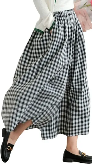 Women's Cotton Linen Wide Leg Culottes Pants Elastic Waist Plaid Gingham Capri Palazzo Pants