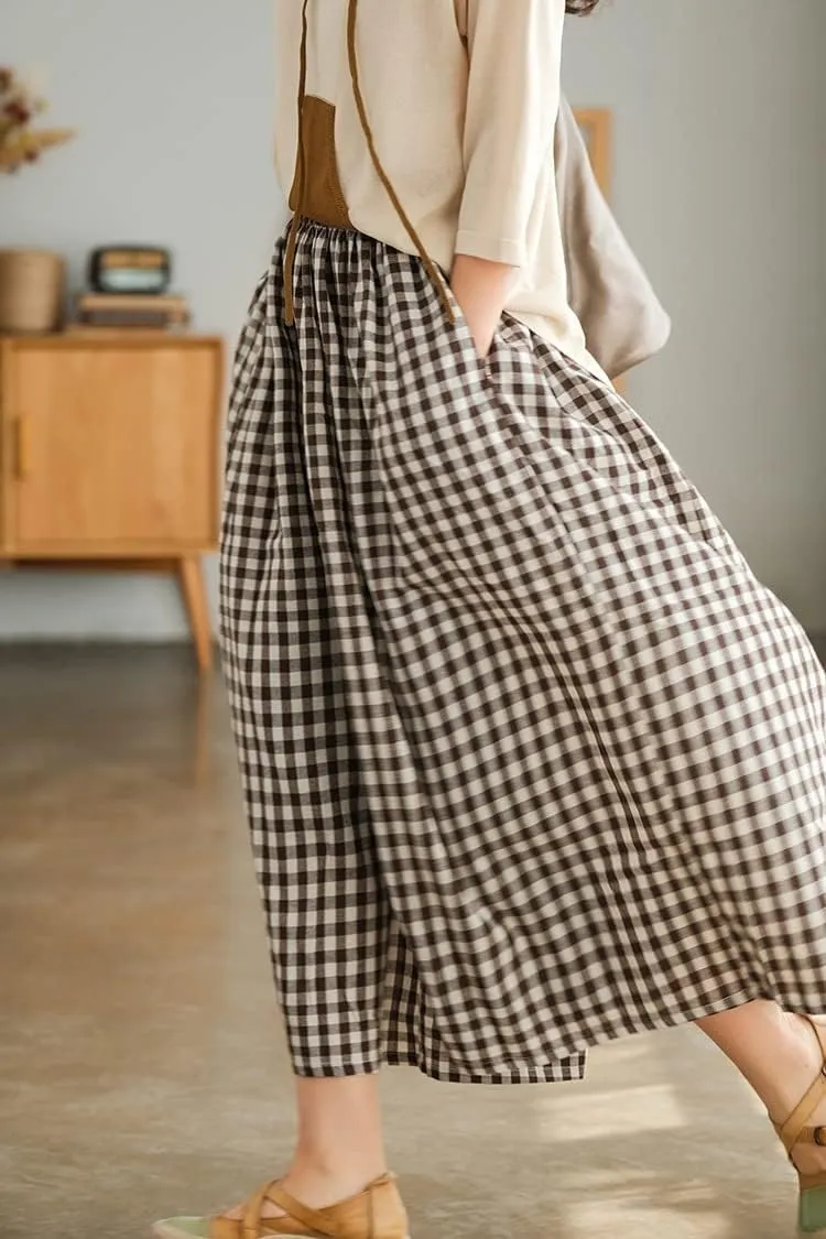 Women's Cotton Linen Wide Leg Culottes Pants Elastic Waist Plaid Gingham Capri Palazzo Pants