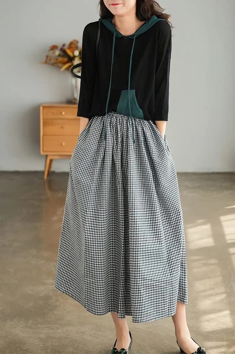 Women's Cotton Linen Wide Leg Culottes Pants Elastic Waist Plaid Gingham Capri Palazzo Pants
