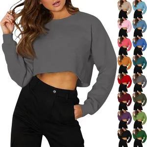 Womens Cropped Sweatshirt Long Sleeve Crewneck Oversized Sweater Tops Casual Comfy Loose Tunic Pullover Preppy Clothes