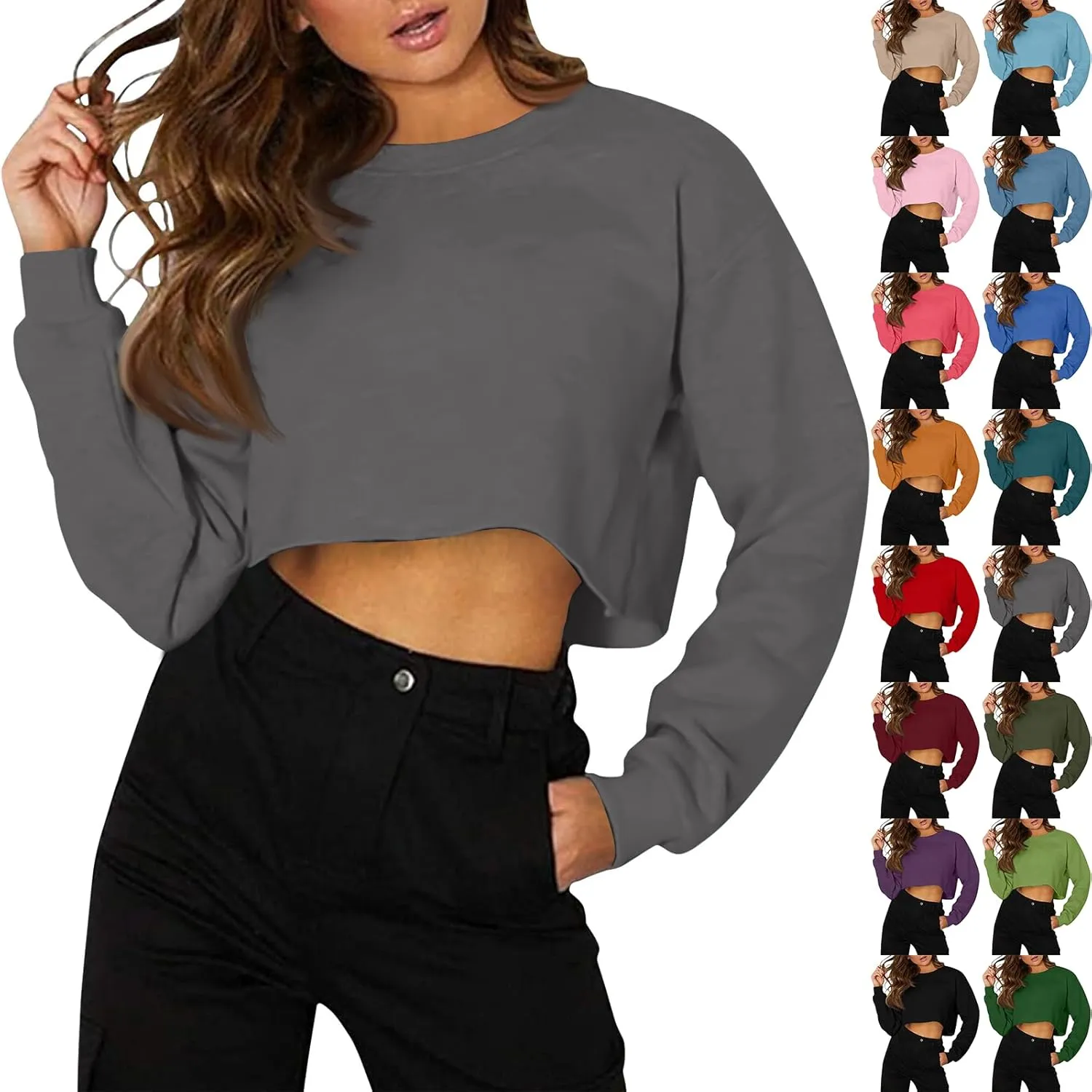 Womens Cropped Sweatshirt Long Sleeve Crewneck Oversized Sweater Tops Casual Comfy Loose Tunic Pullover Preppy Clothes