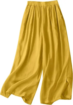 Women's Culottes Linen Blend Wide Leg Pants Baggy Elastic Waist Casual Pleated Palazzo Trousers Capris with Pockets
