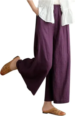 Women's Culottes Linen Wide Leg Cropped Pants Elastic Waist Loose Casual Flowy Palazzo Trousers with Pockets